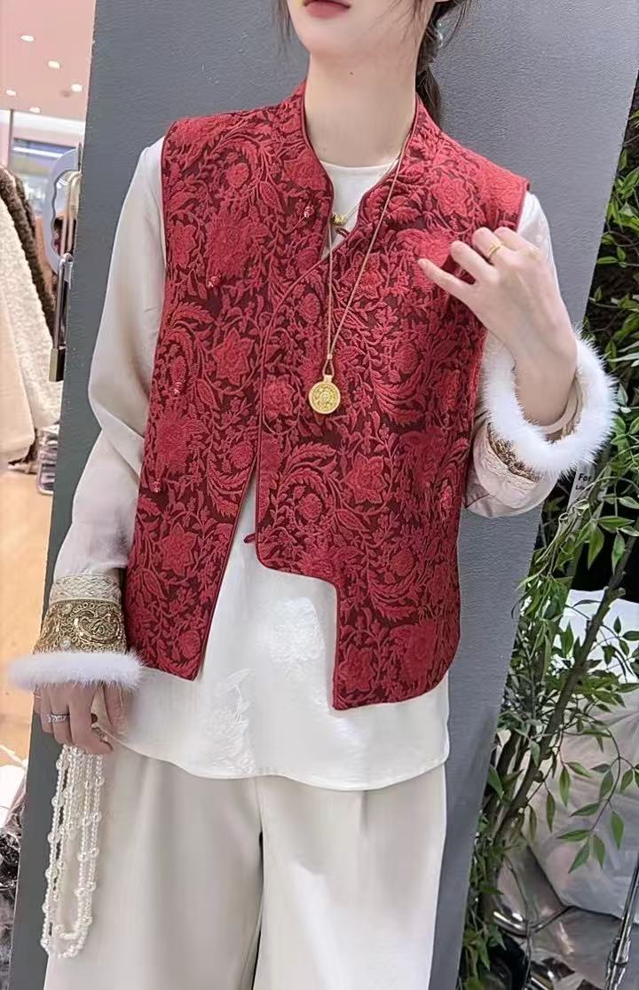 爆款国风红色百搭提花刺绣马夹