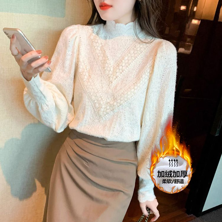 季念高档蕾丝小衫女士新款秋冬款洋气质加绒长袖打底衫内搭上衣潮