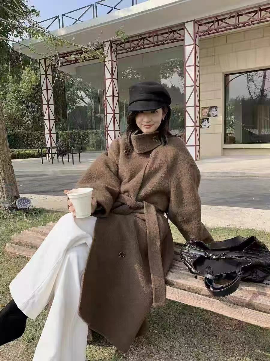韩系英伦风卡其色大衣毛呢外套咖色女宽松韩版呢大衣