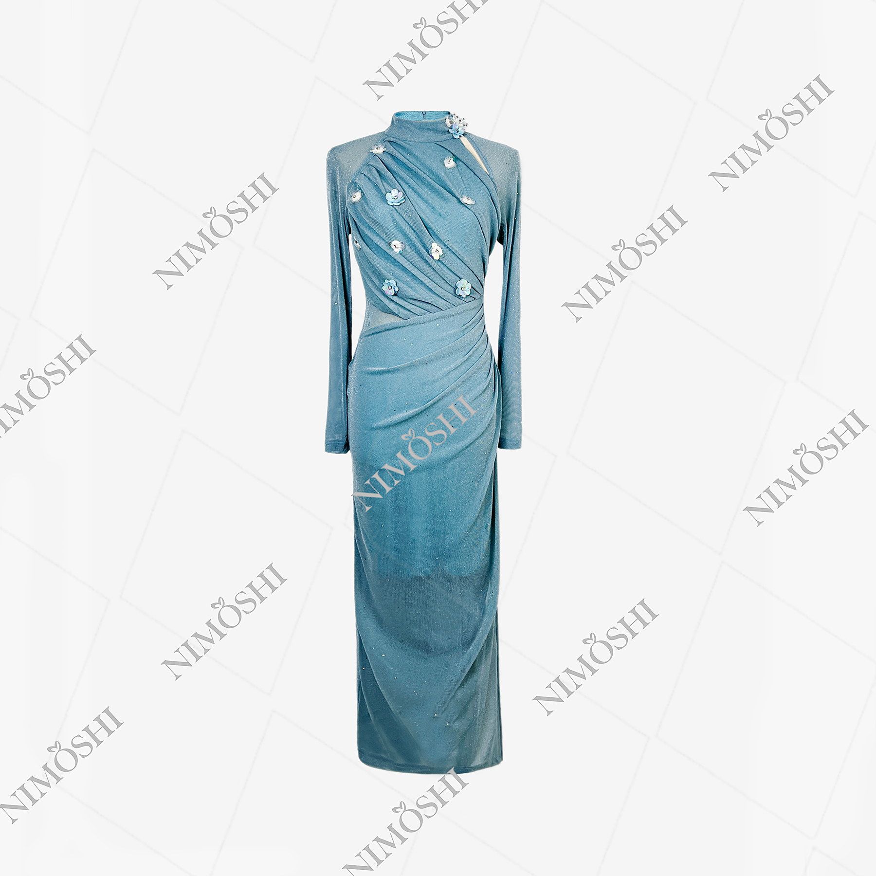 NIMðSHI【莎莎】新款法式水雾蓝气质显瘦气质中长款简约连衣裙Q1189