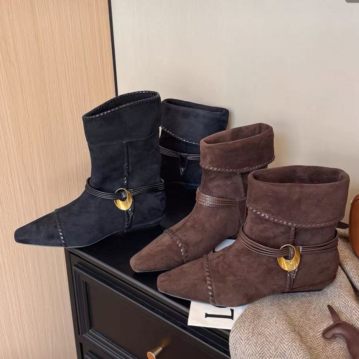 西部风~2025秋冬韩版堆堆靴复古百搭方跟加绒皮带穿引牛仔靴短靴