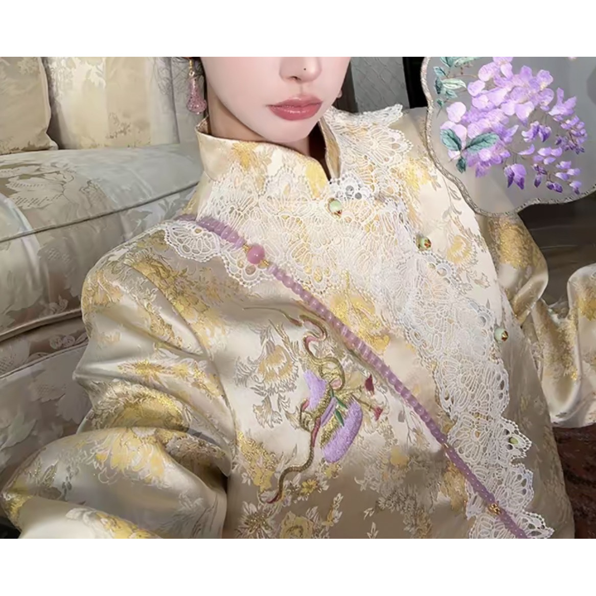 【馥郁金桂】长袖蕾丝拼接新中式重工外套短裤套装