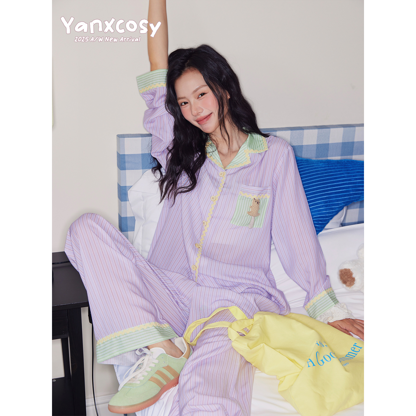沿享2025秋冬新款可爱条纹小熊主题睡衣套装可外穿亲肤柔软家居服