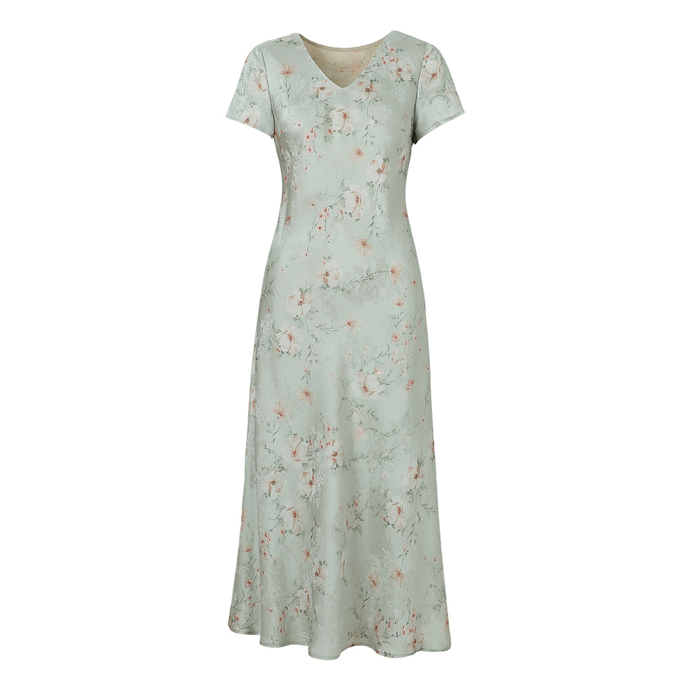 新款夏季V领海藻花连衣裙优雅碎花千金风 禁机洗ZWBD874