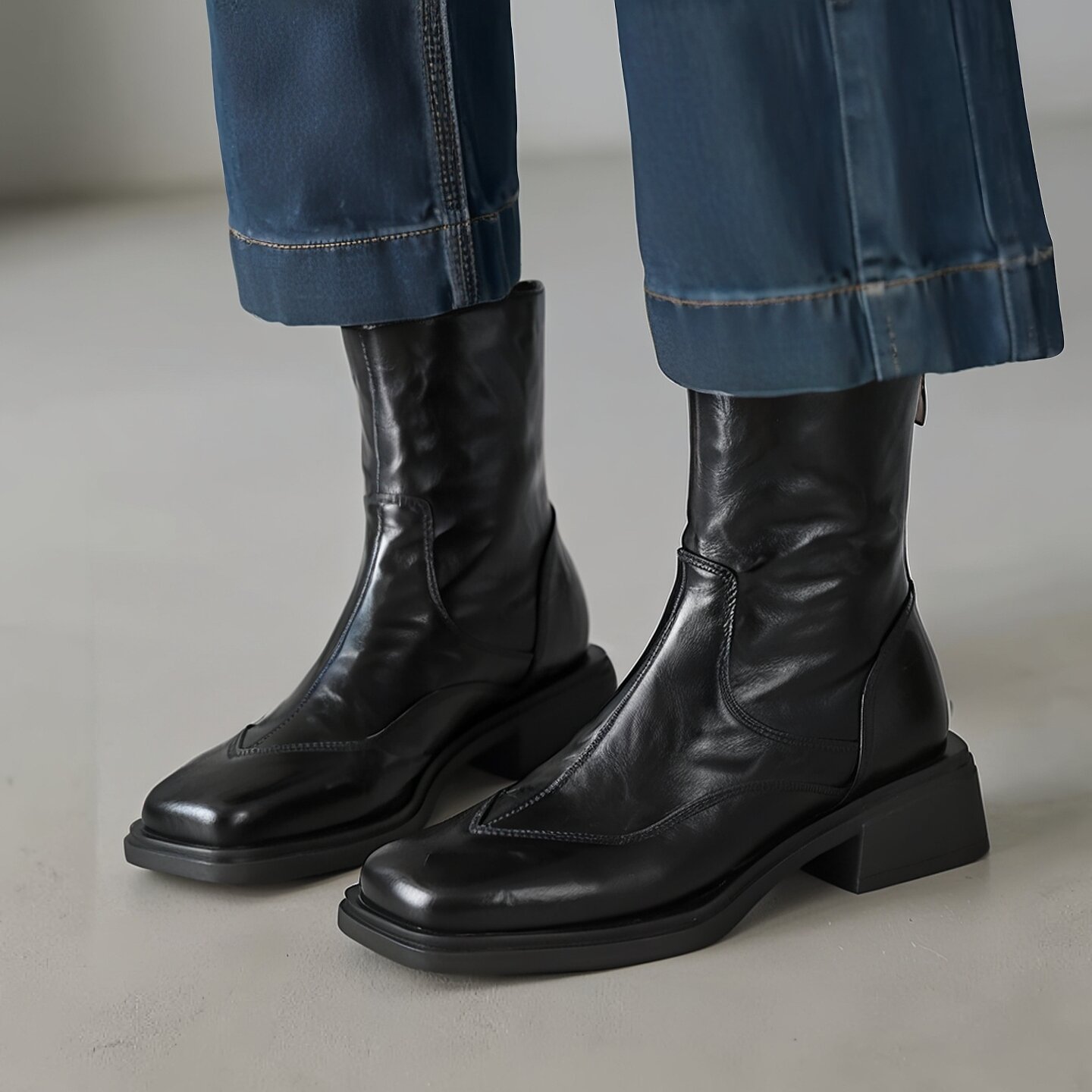 2025秋冬女新款方头粗跟时尚百搭厚底女士靴子短靴388