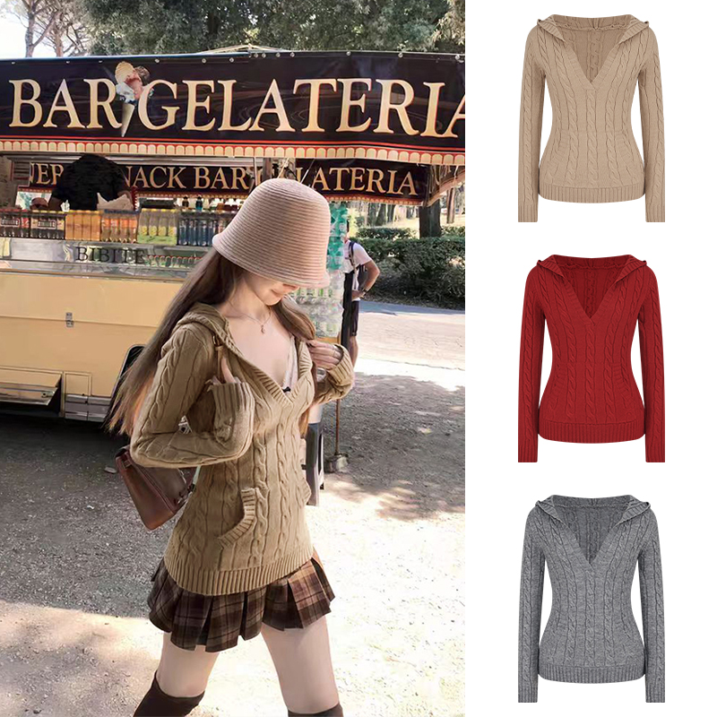 Moses Queen/魔西女王复古韩系气质V领麻花长袖针织收腰百搭上衣