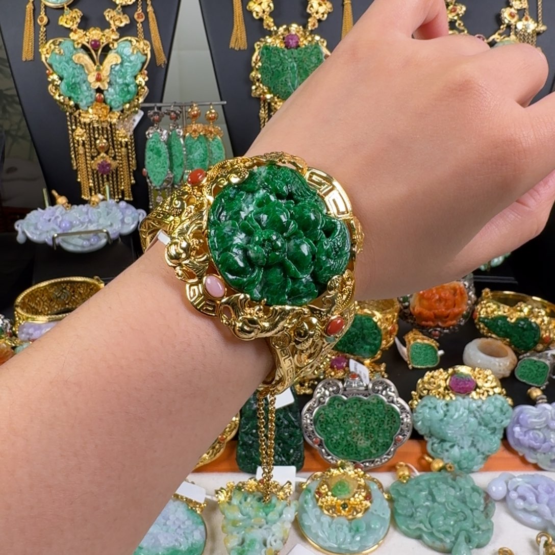 翡翠银S925镀金镶嵌颈饰花青手镯