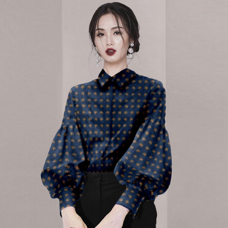 春装2025新款女印花衬衫女设计感小众宽松衬衣灯笼袖上衣