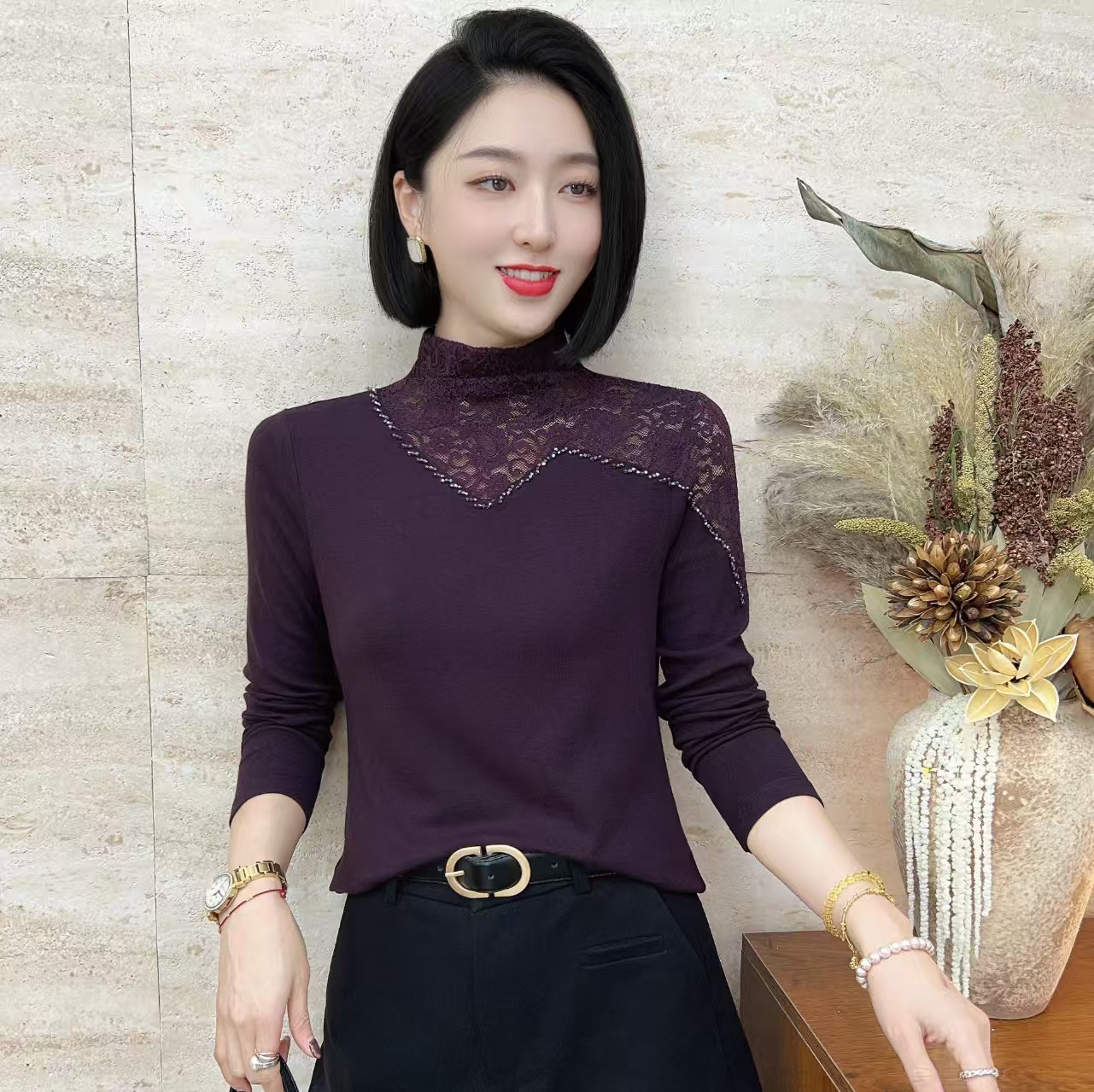 【韩紫朵】2025新品洋气加绒保暖蕾丝拼接上衣女长袖89018