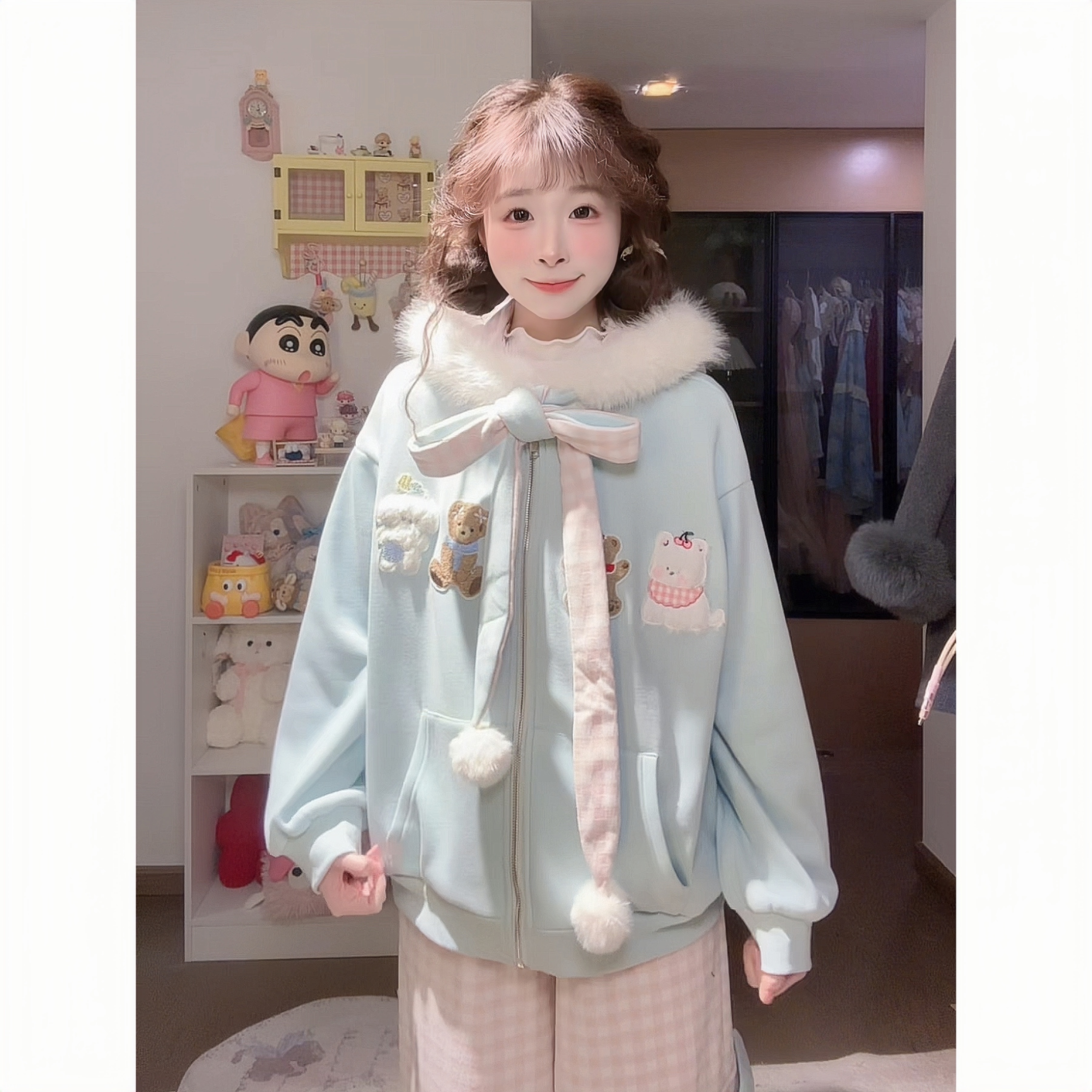 【运费险】日系软妹可爱小熊加厚保暖棉衣外套+长裤套装