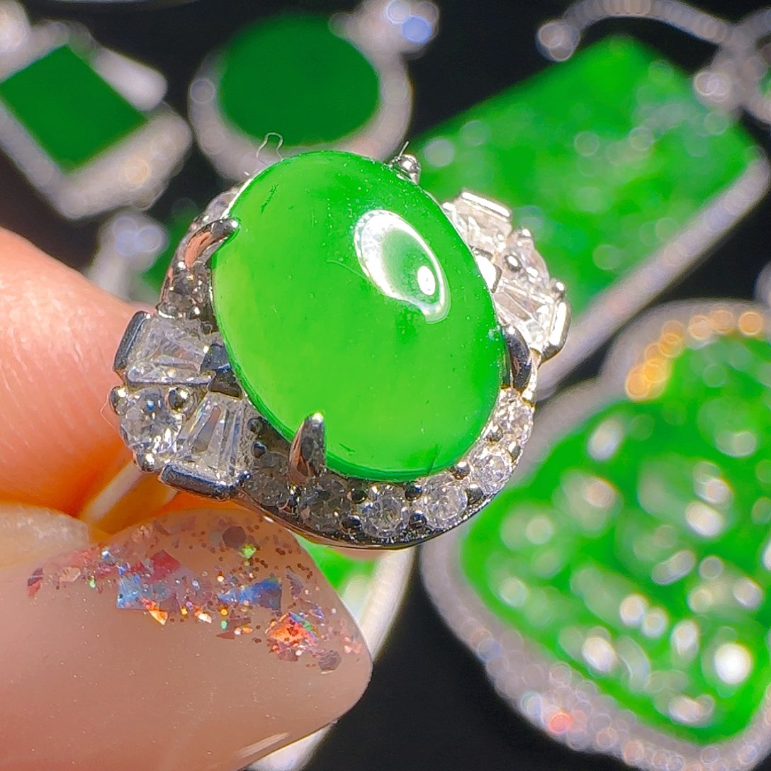 翡翠戒指银S925镶嵌天然