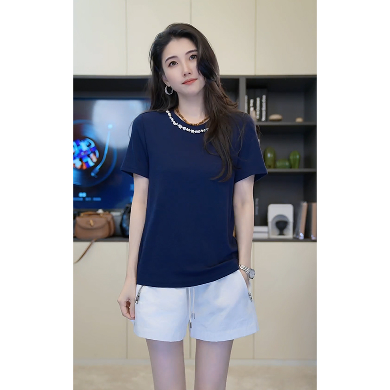 小乖逃X领子钉珠 午夜项链蓝色T恤 杏色T恤贝壳休闲短袖  S25307