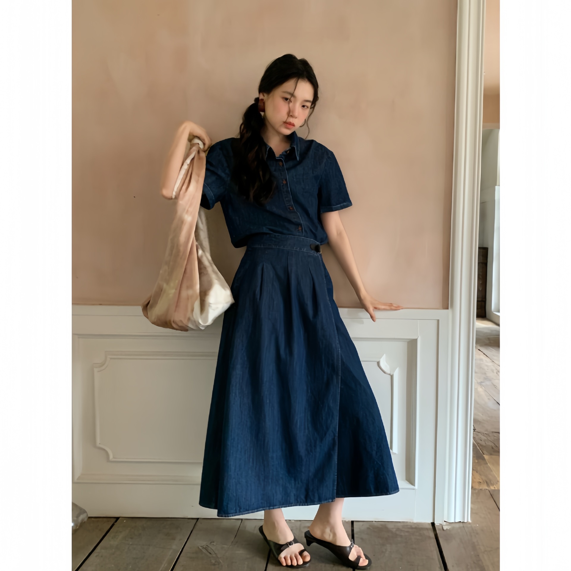 25年夏时尚通勤OL牛仔套装女衬衫半裙两件套S5321