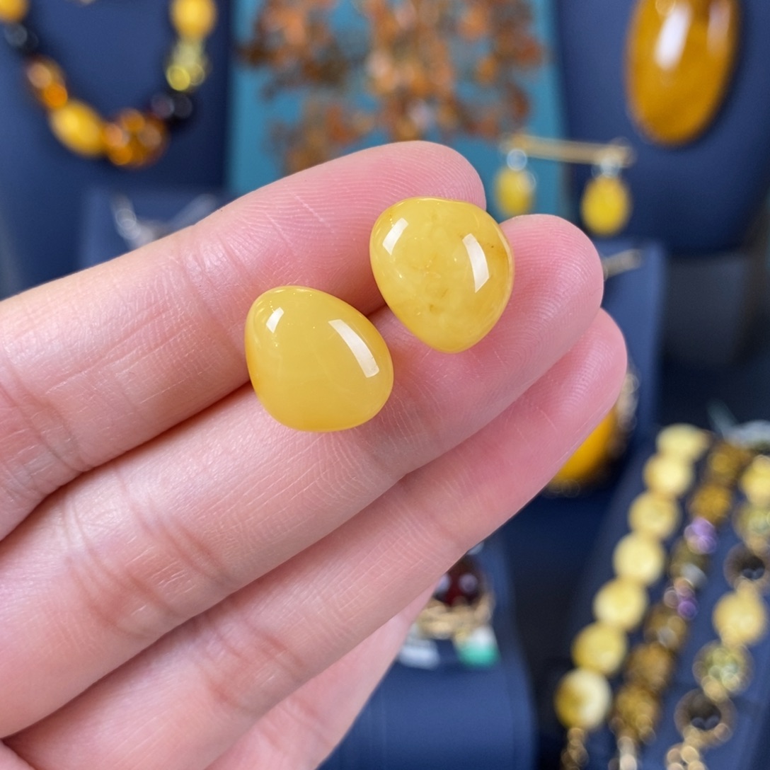 琥珀耳饰银S925镀金镶嵌