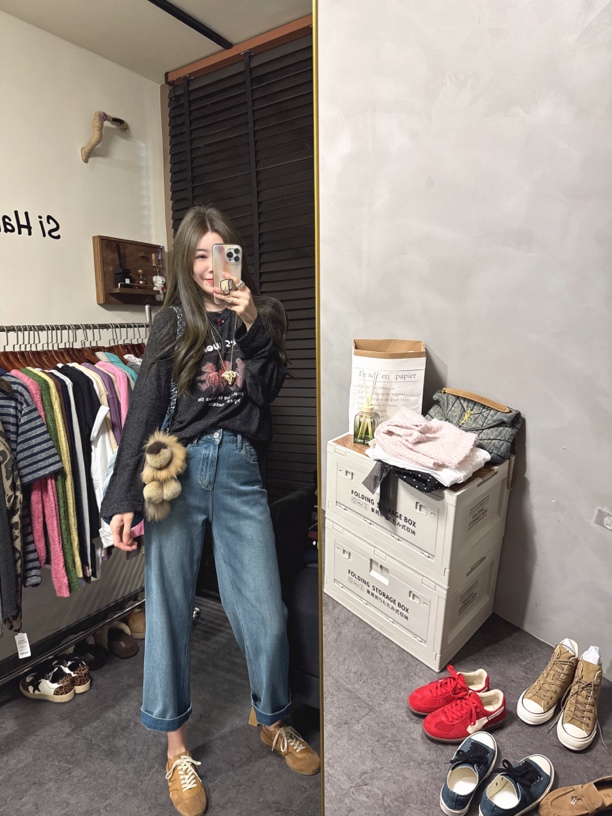 【思含】百搭黑灰绒感舒适印花熊熊长袖T恤