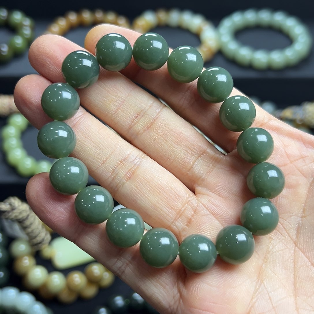 未镶嵌和田玉手链且末蓝卡12圆珠 油润