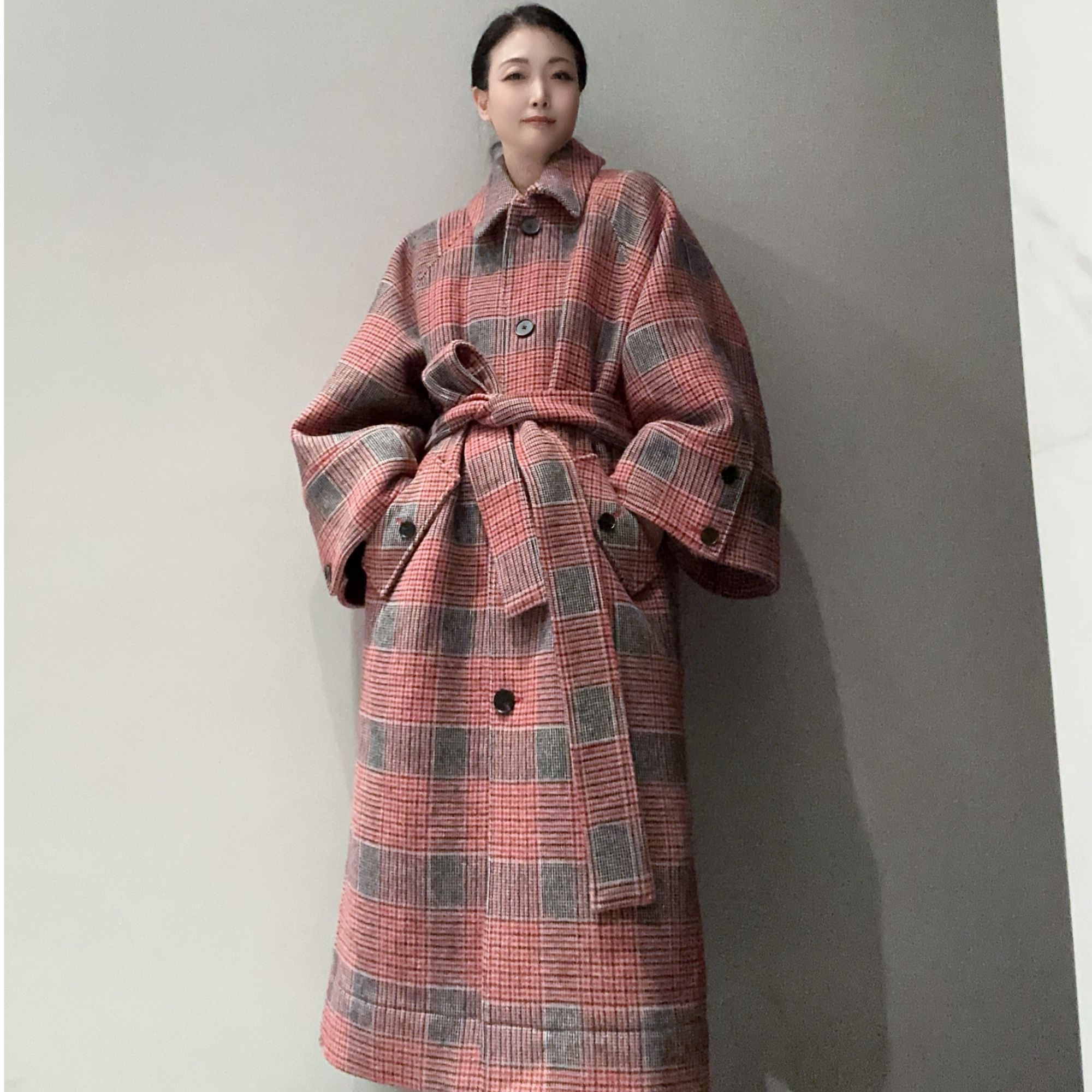 高级感格纹羊毛色织大衣秋冬外套MC8052