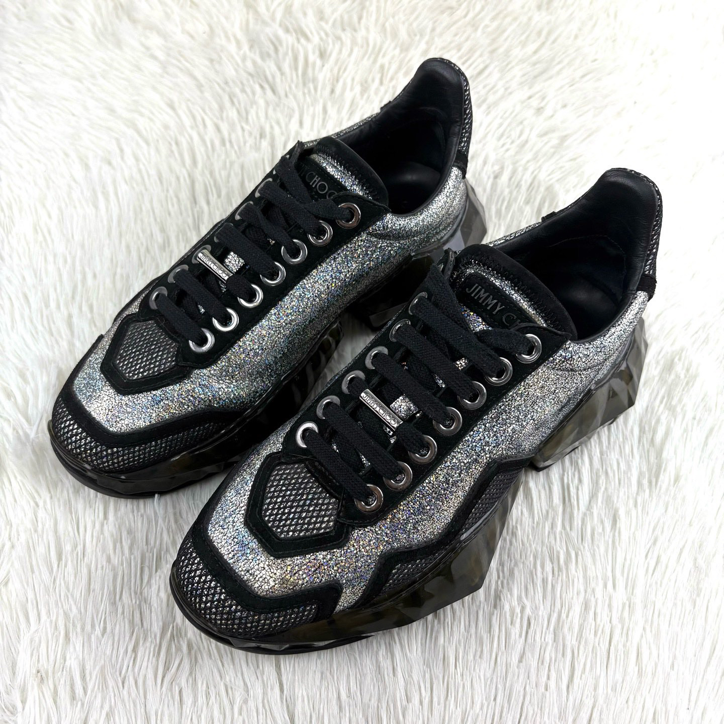 95新 JIMMY CHOO/吉米周 黑色细闪老爹鞋37码