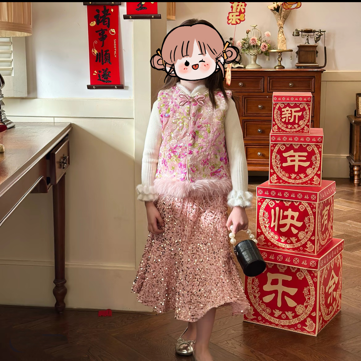 女童新年战袍新中式红色加绒马甲厚款打底衫鱼尾裙拜年衣服唐装厚