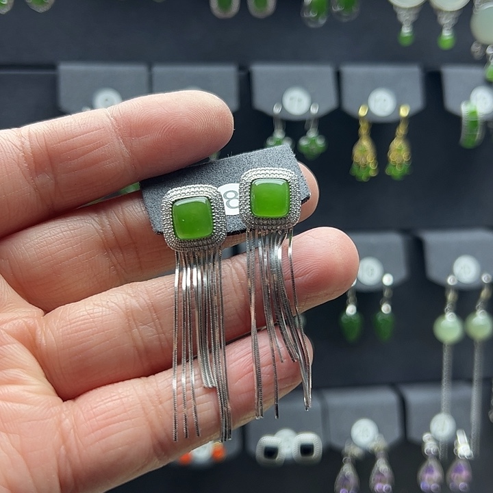 和田玉（碧玉）耳饰银S925镶嵌兰*