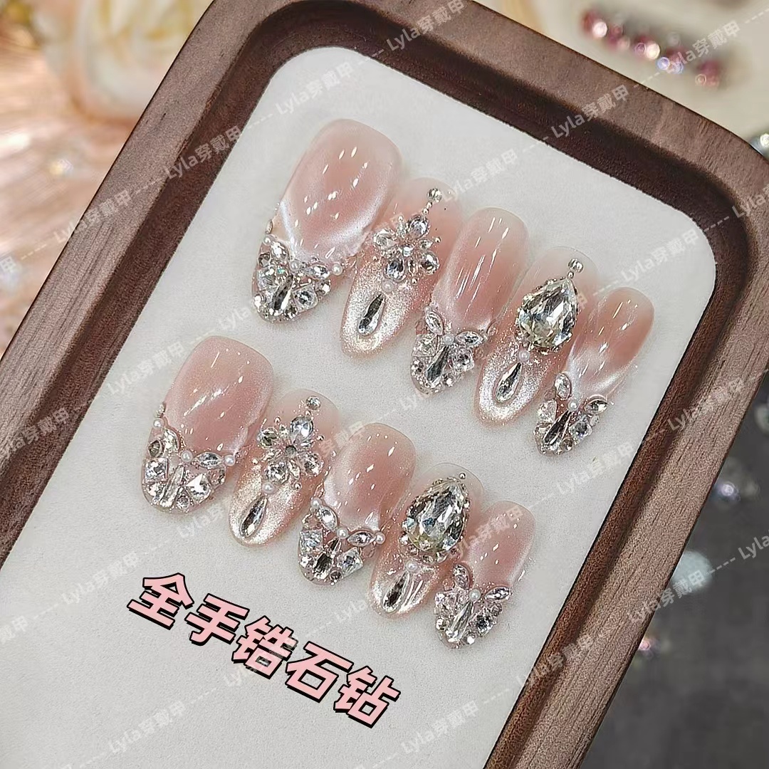 【维纳斯银纱】纯手工穿戴美甲猫眼光疗立体锆石钻爆闪蹦迪满钻