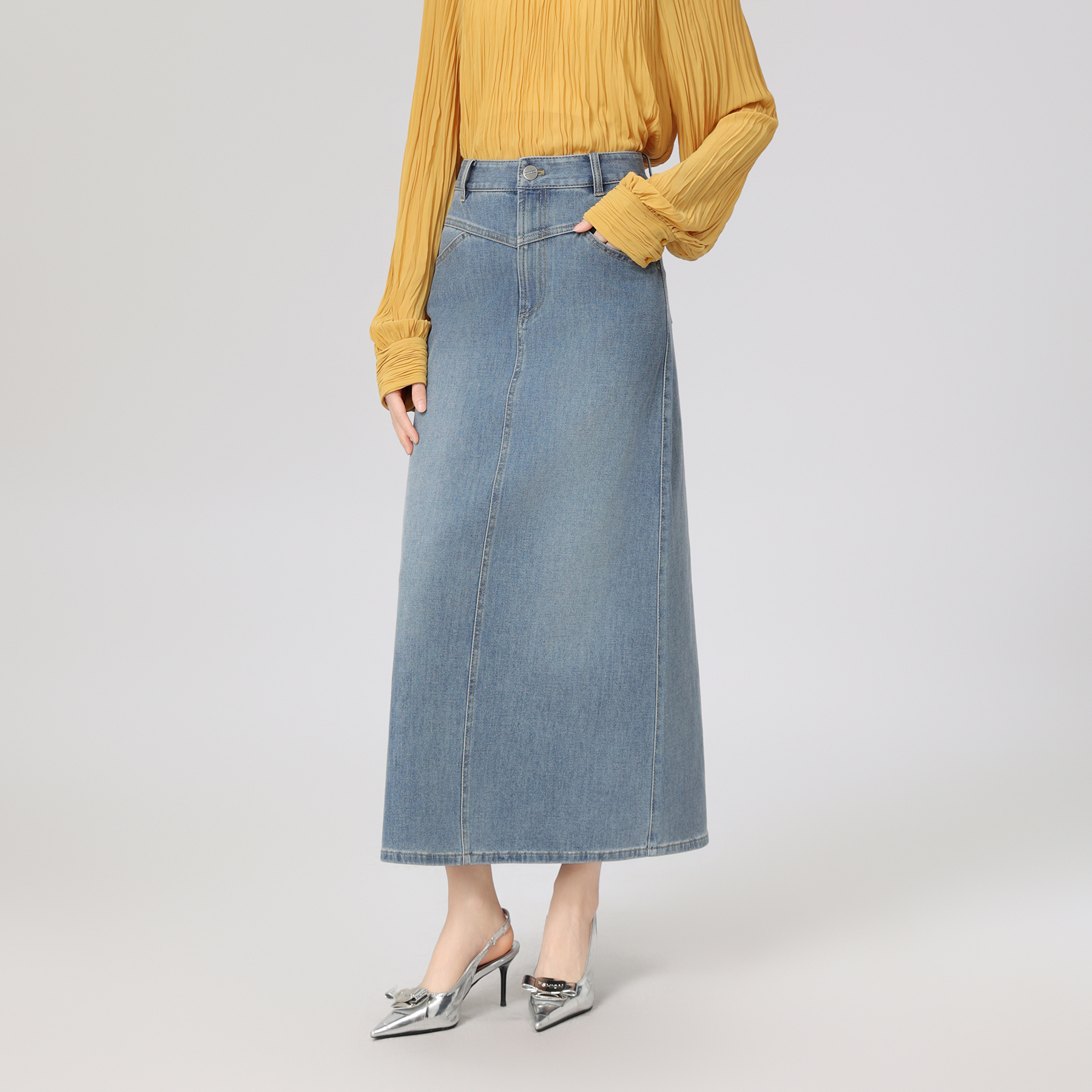 GIRDEAR/哥弟冬季A字裙气质牛仔灰色高腰中长款半身裙1200370