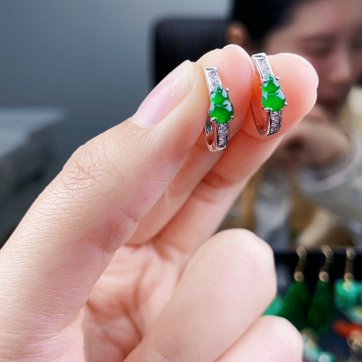 翡翠耳饰银S925镶嵌饰品