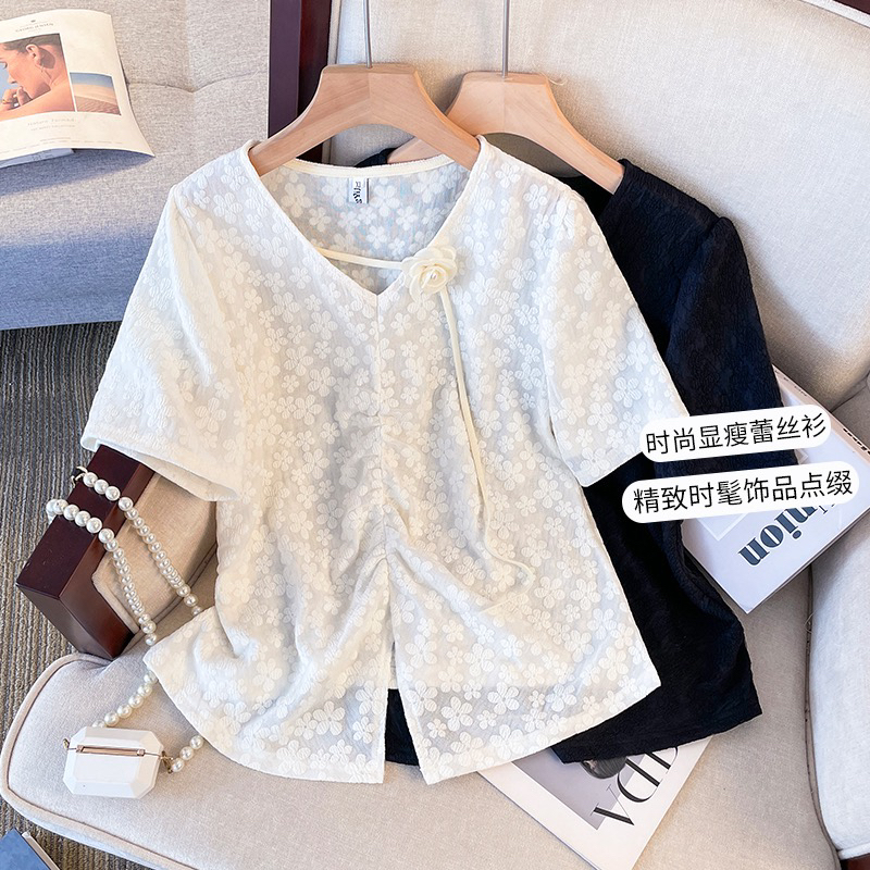 67173 大码女装夏季胖mm小众显瘦洋气蕾丝V领减龄百搭短袖上衣
