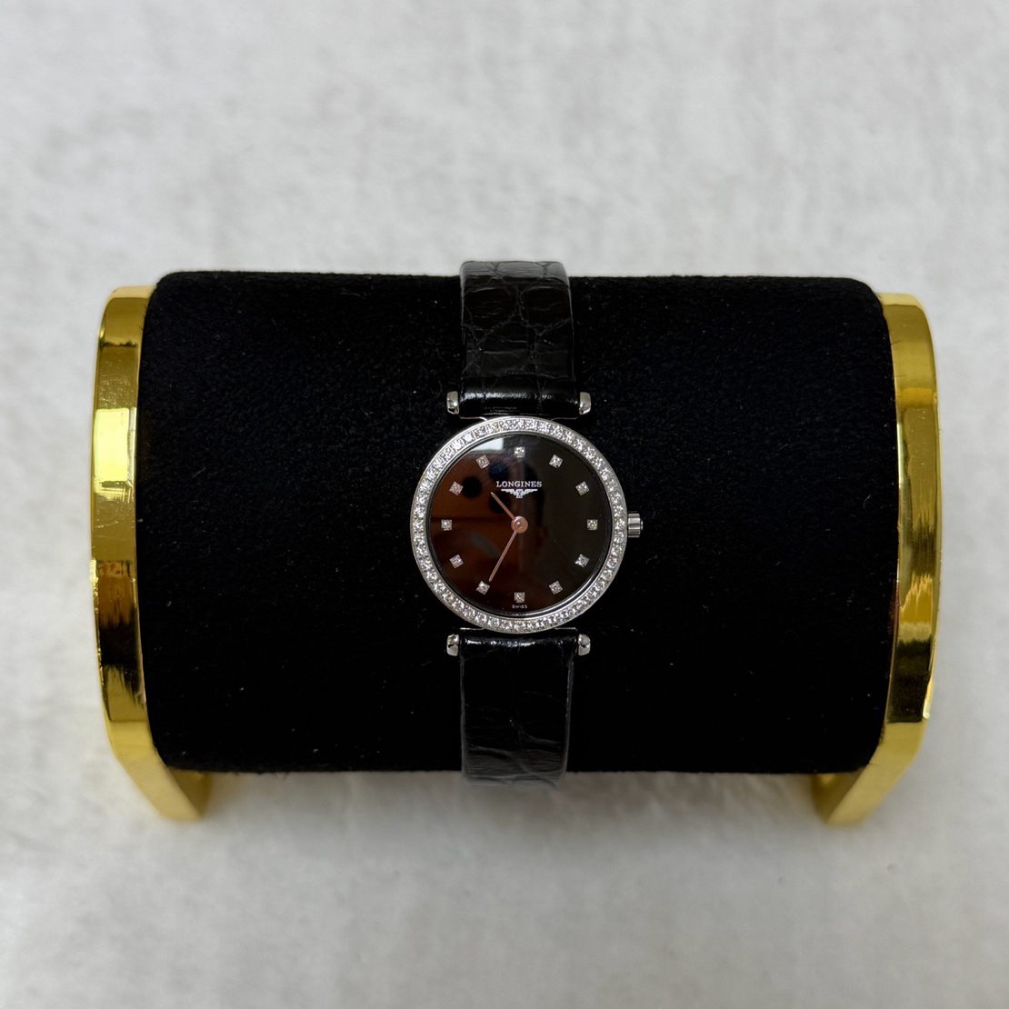99新 Longines/浪琴 优雅241/石英/黑盘满钻/表径24mm/女士腕表