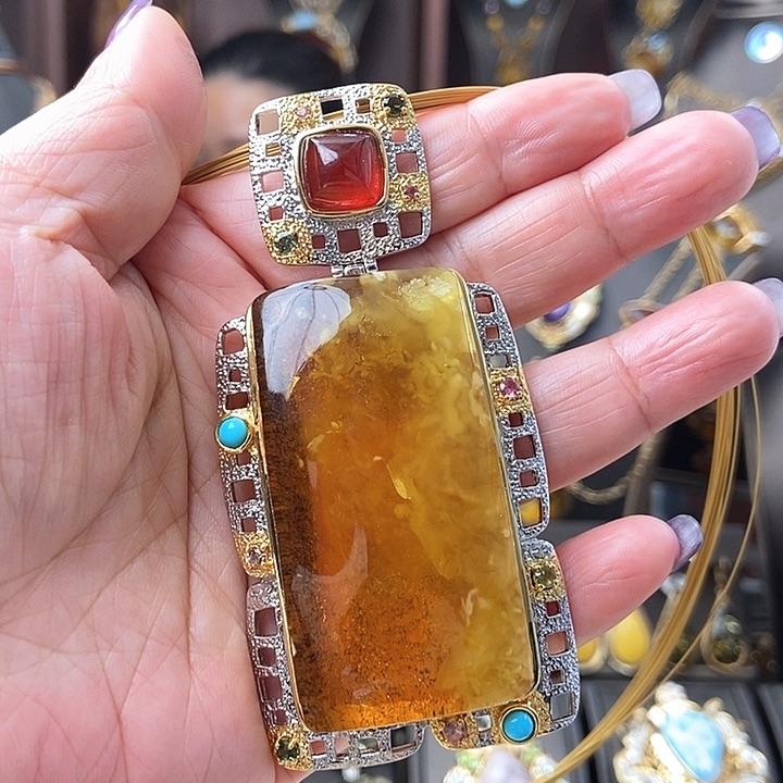 琥珀颈饰银S925镶嵌吊坠