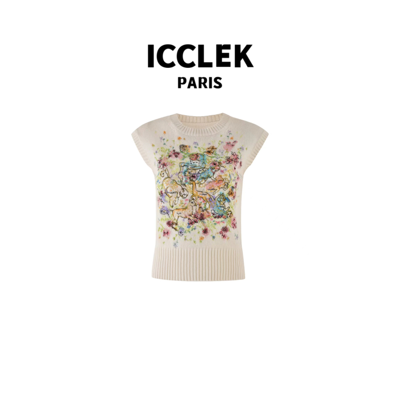 ICCLEK 米白色圆领刺绣短袖针织衫夏季休闲百搭气质名媛上衣-2635