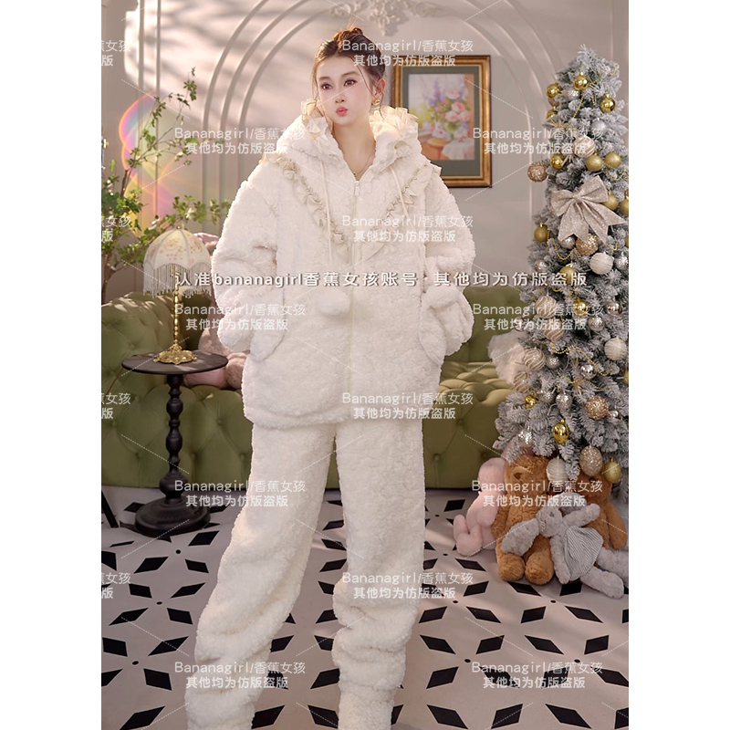 Bananagirl睡衣女冬季新款加厚加绒大码家居服连帽外套可外穿