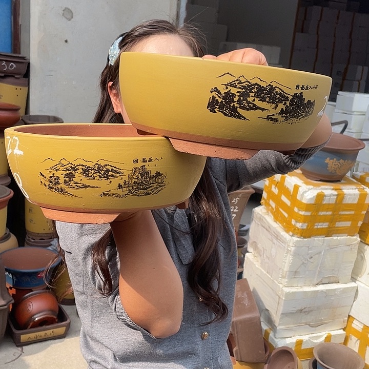 黄色江山如画小一对花盆紫砂花盆紫砂