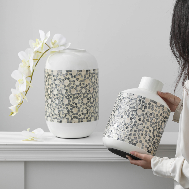 欧式中古风贝壳花瓶高级感插花器客厅餐桌高档仿真花组合装饰摆件