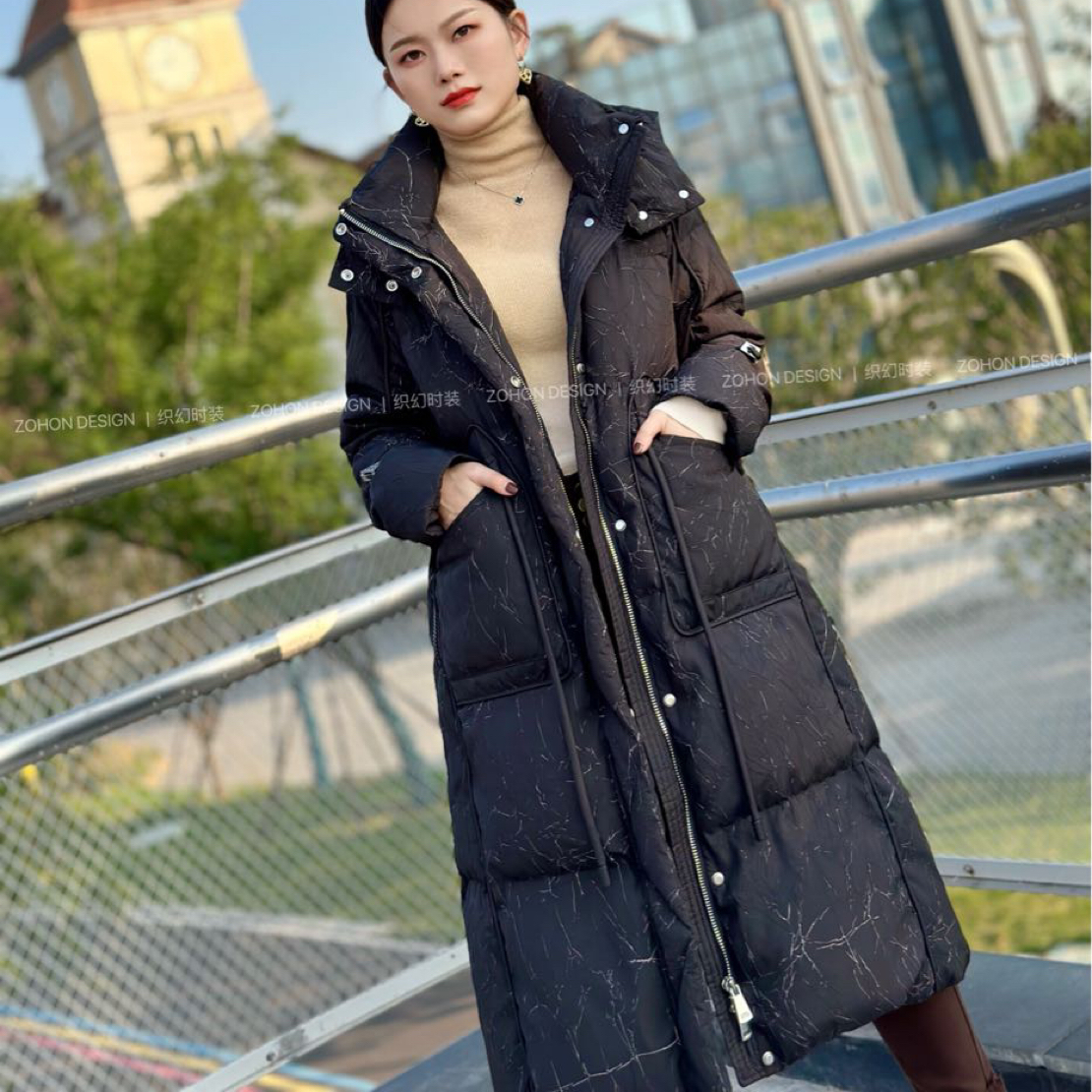 女士连帽长款冬季保暖加厚白鹅绒