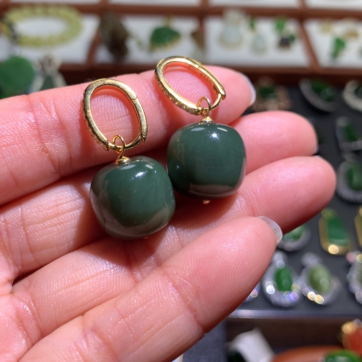 和田玉耳扣银S925镶嵌