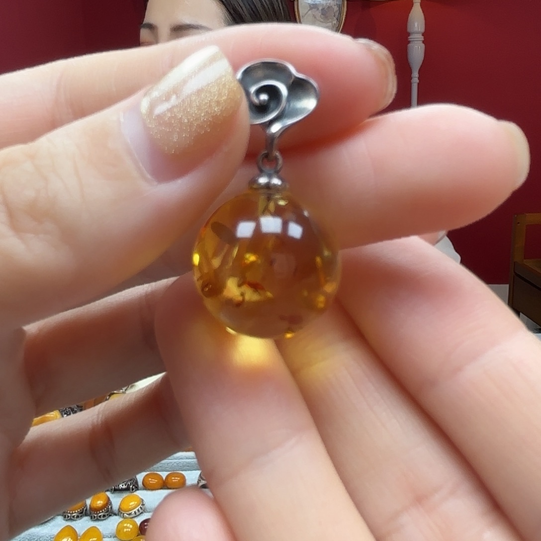 琥珀裸石银S925镶嵌30吊坠