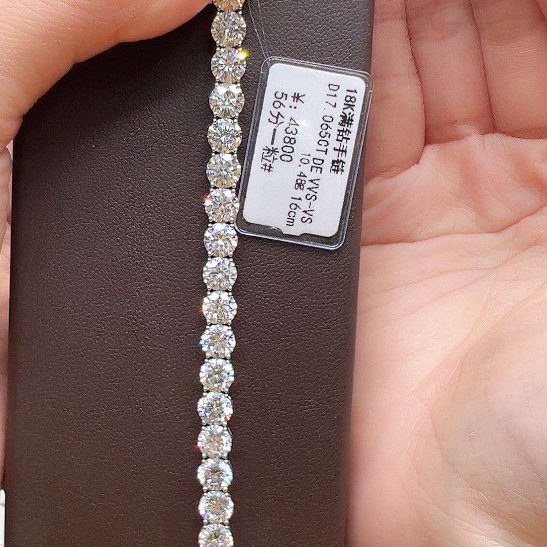 实验室培育钻石18K金镶嵌17.065ct K白满钻手链单颗约56分16cm