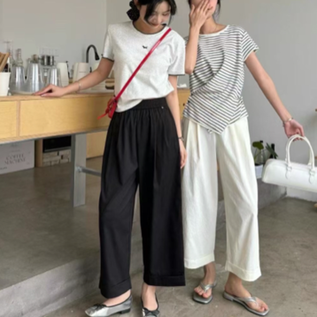 九分翻边阔腿裤小个子女显瘦百搭垂感简约宽松纯色舒适夏季休闲