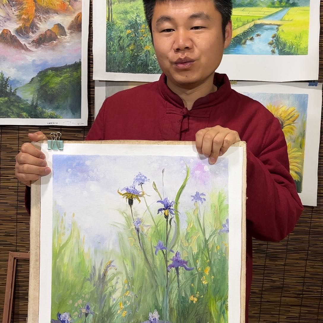 油画行路人小院绘画作品