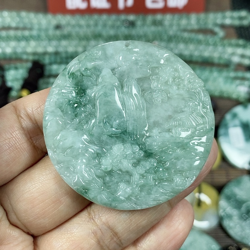 【闪购商品】翡翠颈饰未镶嵌玉吊坠翡翠玉圆形山水牌