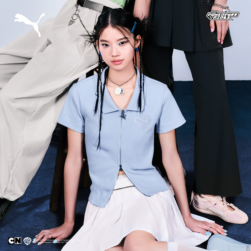 PUMA彪马 女飞天小女警联名罗纹修身短袖拉链POLO衫PPG 637466