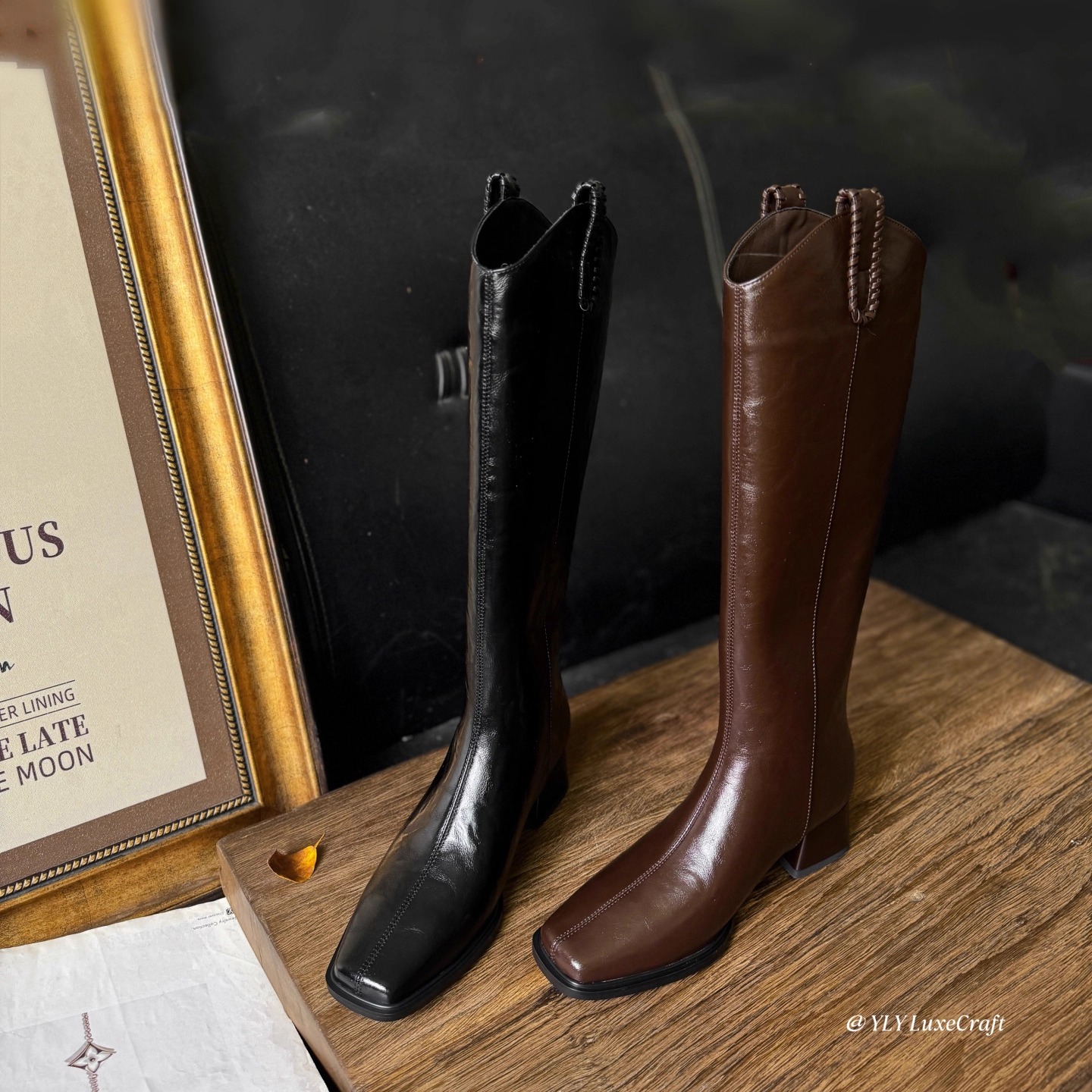 2076-2显瘦中跟V口高筒靴女大码百搭不过膝长靴复古粗跟长筒靴