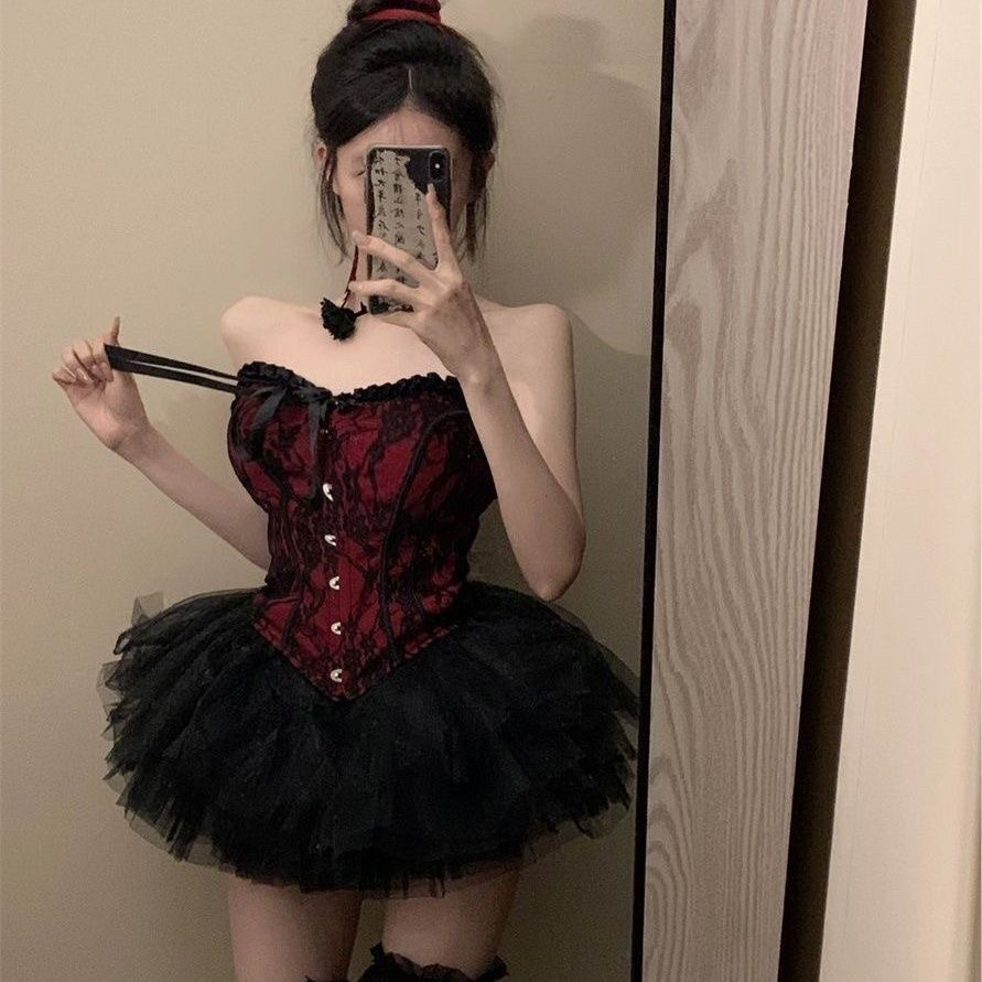 新款酒吧DS演出服gogo女性感爵士领舞Dj夜店黑红色抹胸蓬蓬裙套装