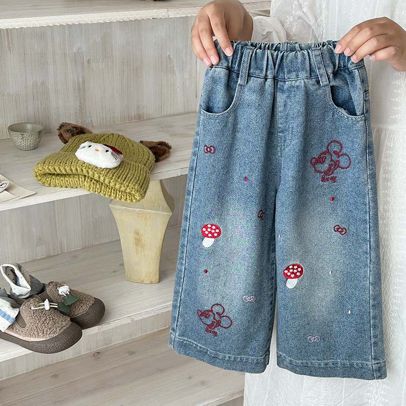 女童牛仔裤2025新款春秋装儿童洋气可爱卡通刺绣阔腿裤宝宝直筒裤