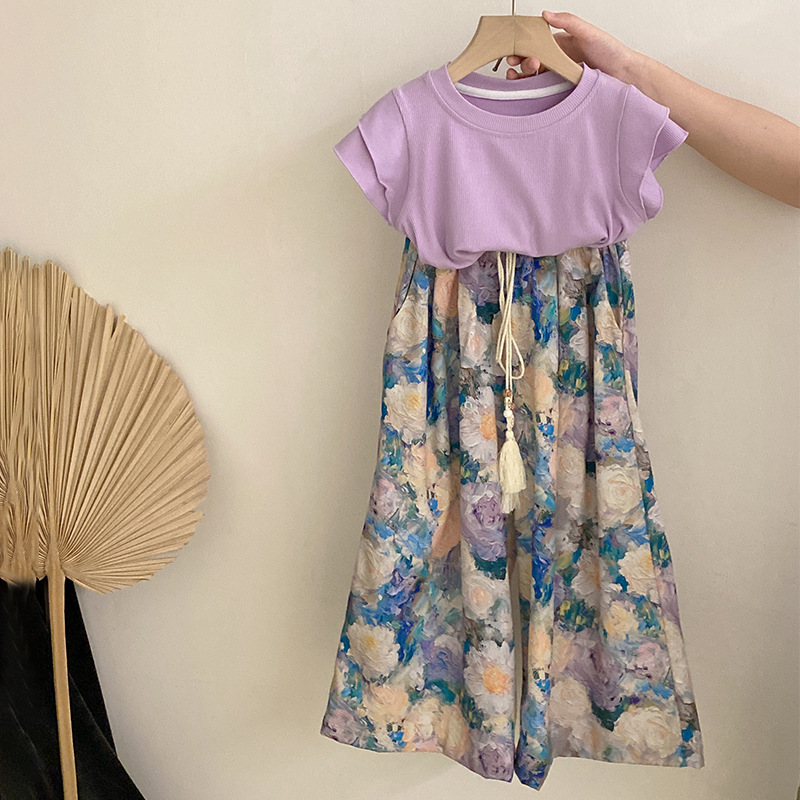 【安安家】韩版女童百搭洋气短袖T恤夏季花朵阔腿裤两件套Z-XMW01