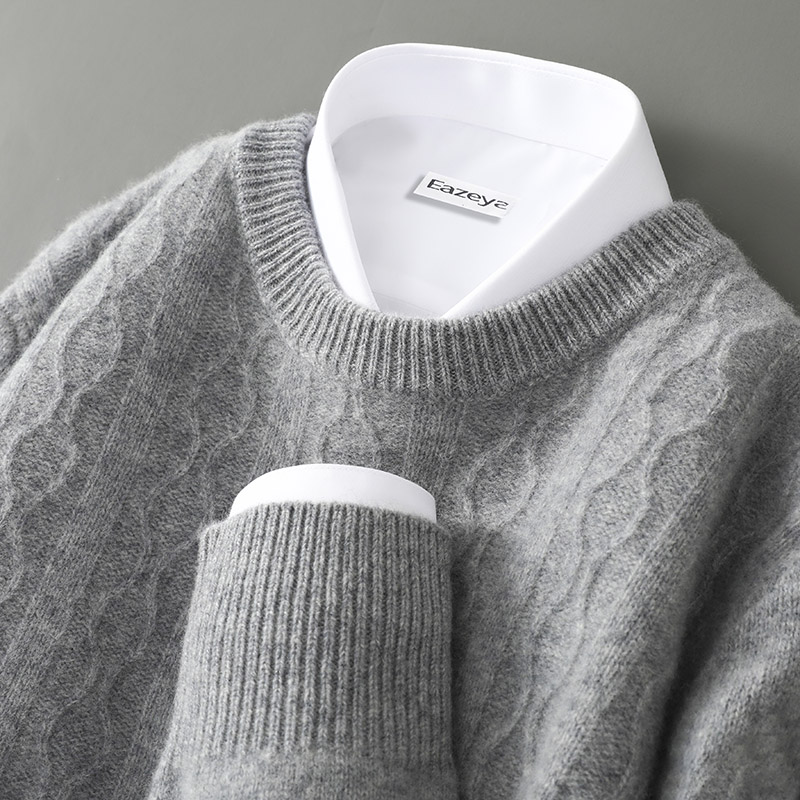 设计师款~圆领纯羊绒衫男套头休闲宽松提花毛衣打底简约风衫