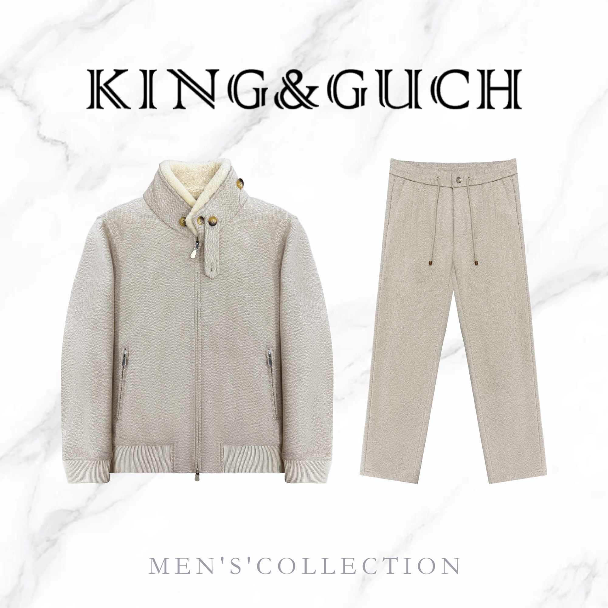 KING&GUCH【绵羊毛混纺】LP套装潮流百搭男士长裤羊毛领立领外套