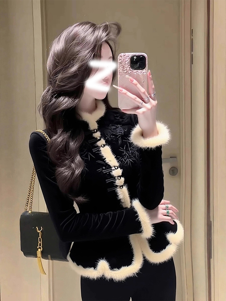 时尚复古新中式毛绒拼接上衣女秋冬季气质保暖中国风盘扣长袖外套