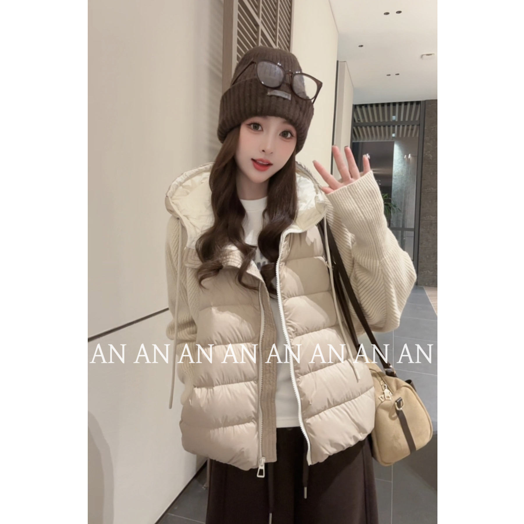 Y2321冬季新款设计感拼接针织长袖假两件羽绒服外套